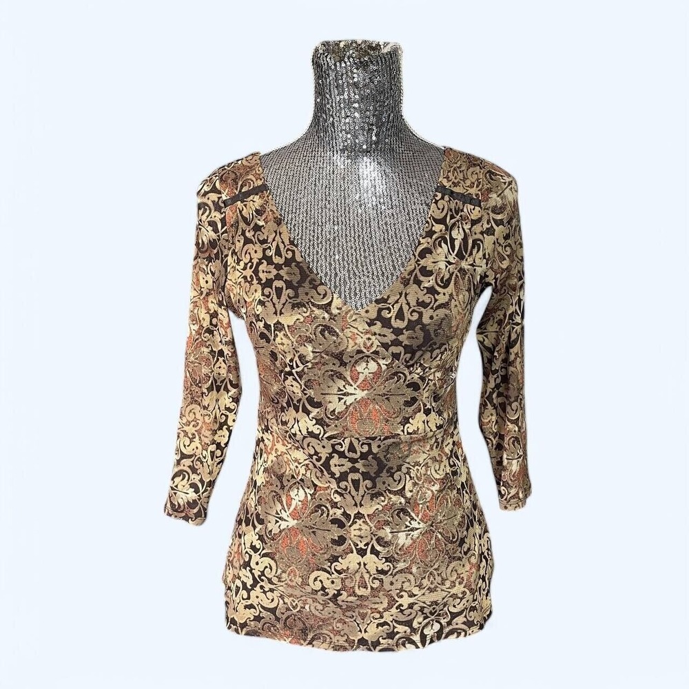 Vintage‎ Y2K Boho Baroque Print Fitted Babydoll Top Small V-Neck 3/4 Sleeve